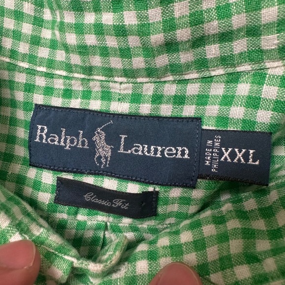 Ralph Lauren Linen Button Down Shirt Mens XXL Green Gingham Check Classic Fit SS - Picture 5 of 8